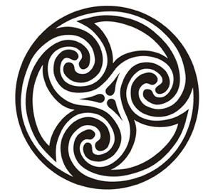 Celtic triskele symbol with three interlocking spirals representing life death rebirth cycle in Irish mythology.