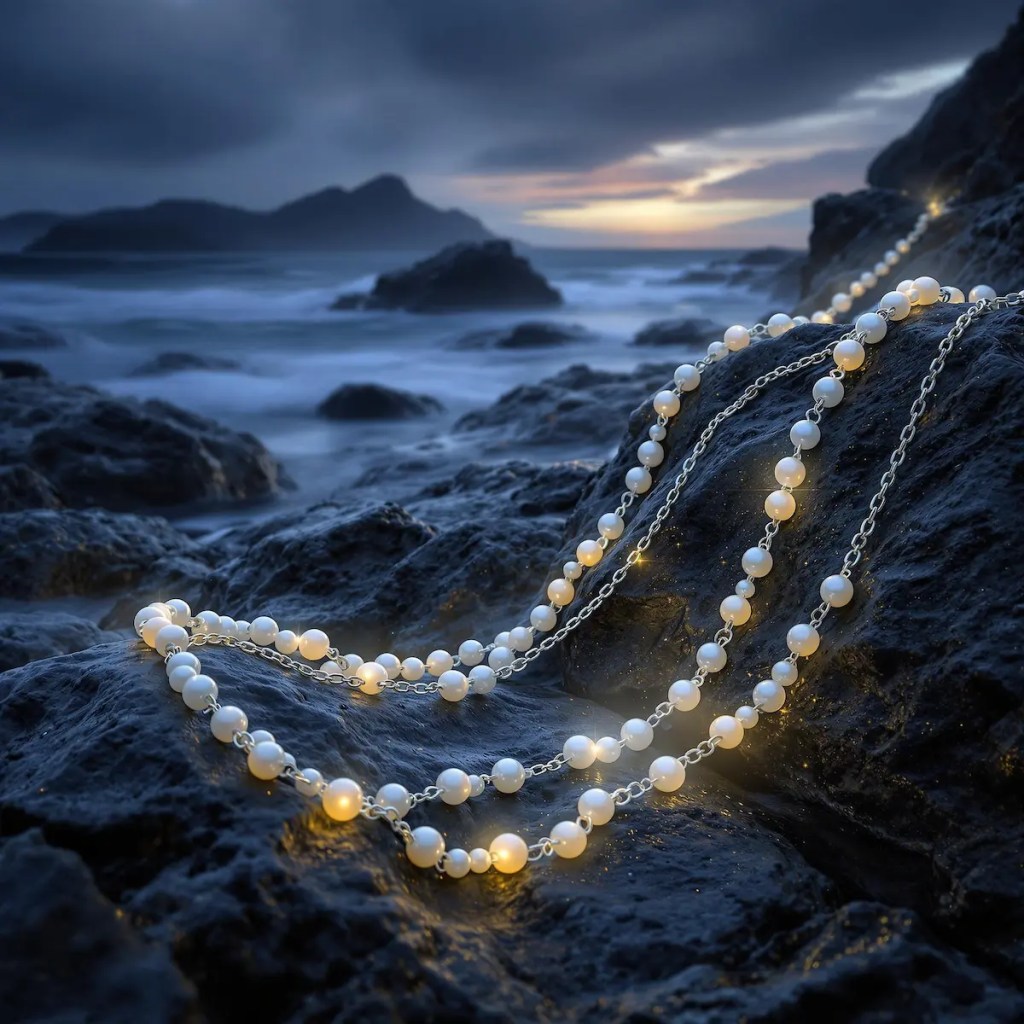 Selkie Queen's ascension jewelry - silver chain with luminous pearls on Irish coastal rocks at twilight