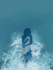 Selkie transformation, a woman's silhouette surrounded by swirling waves in the mystical blue ocean depths